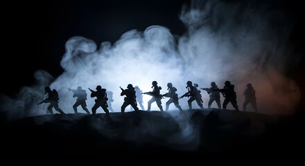 War Concept. Military silhouettes fighting scene on war fog sky background, World War Soldiers Silhouette Below Cloudy Skyline At night. Battle in ruined city. Selective focus