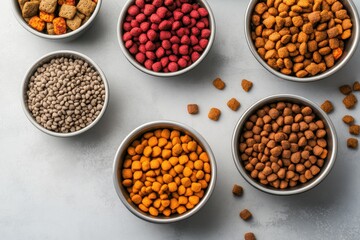 A variety of pet food in bowls, showcasing different shapes and colors for animal nutrition.