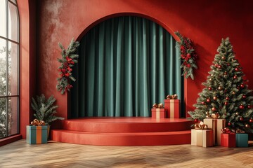 Fototapeta premium Minimalist Christmas stage with green curtain, podium, Christmas tree on red wall, gift boxes near arch, perfect for product presentation and online shopping mockup.