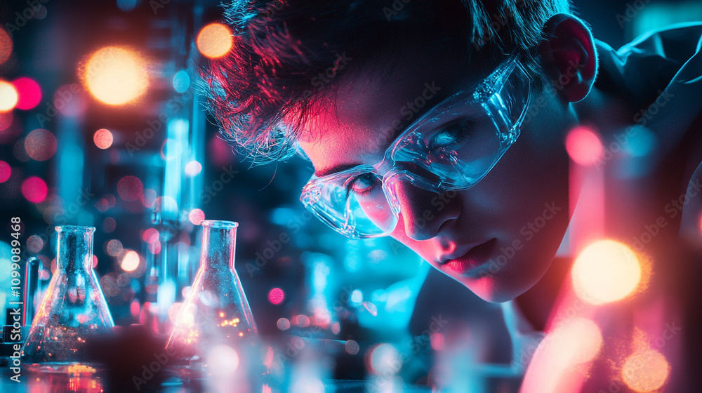 Poster young scientist conducts experiments with colorful liquids in a laboratory setting