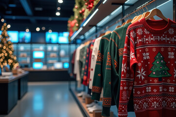 Fototapeta premium Festive holiday fashion display in modern boutique with christmas tree decorations