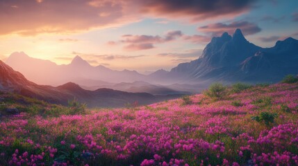 beautiful landscape with vibrant flowers and majestic mountains at sunset