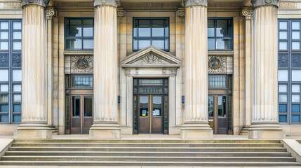 Obraz premium International court facade with grand architecture and flagpoles, symbolizing justice and global cooperation in resolving disputes