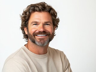 Obraz premium smiling man with curly hair in casual attire