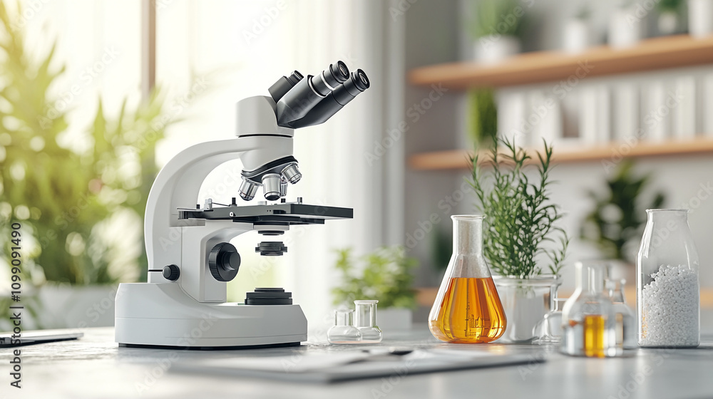 Poster laboratory setup with microscope and glassware for scientific experiments in a modern workspace