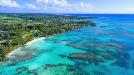 Obraz premium Aerial view of turquoise water and coastline with tropical greenery