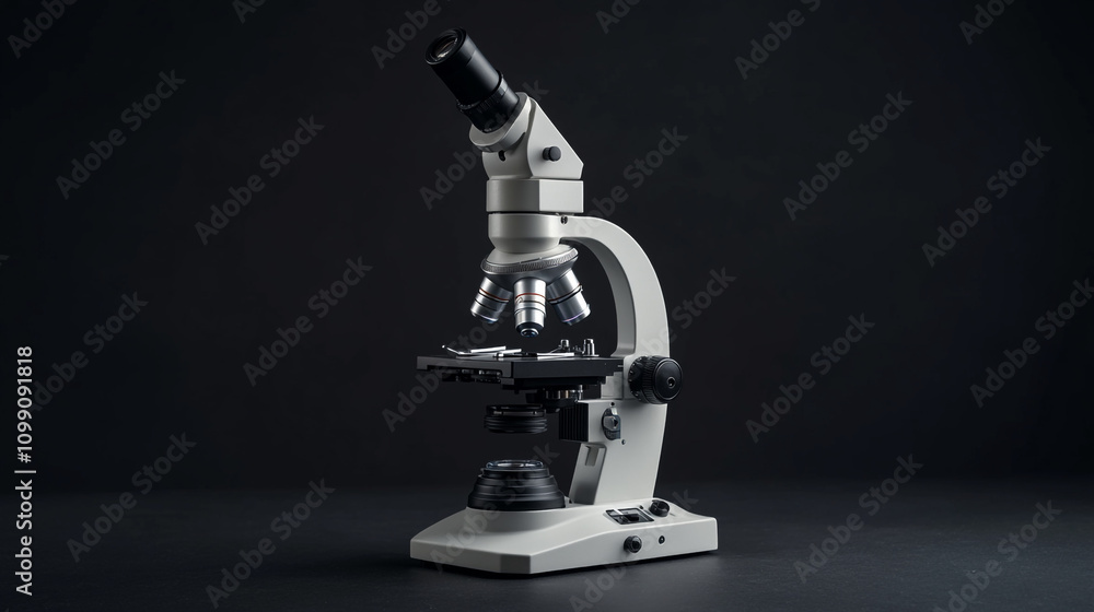 Poster detailed view of a laboratory microscope showcasing its precision and design