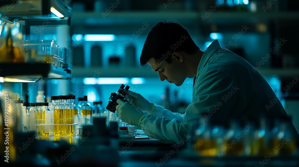 Aufkleber scientist examines samples under microscope in a high-tech laboratory setting at night