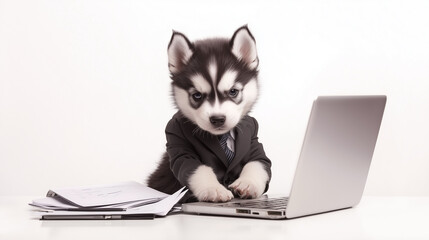 Fototapeta premium Business Puppy: Adorable Siberian Husky Puppy in Suit Working on Laptop 