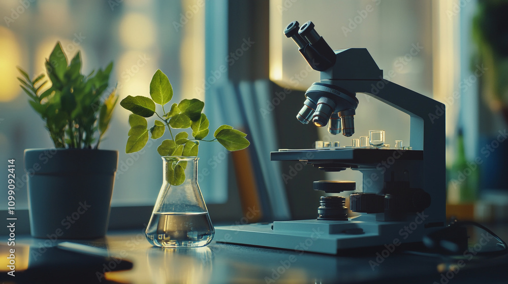 Poster study of plant cells using a microscope in a bright laboratory setting with greenery