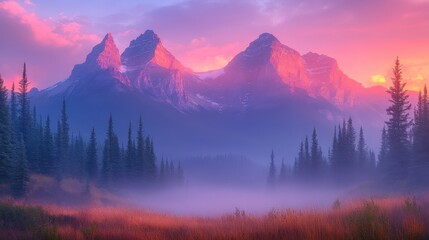Obraz premium Serene mountain landscape at dawn with vibrant colors and misty foreground.