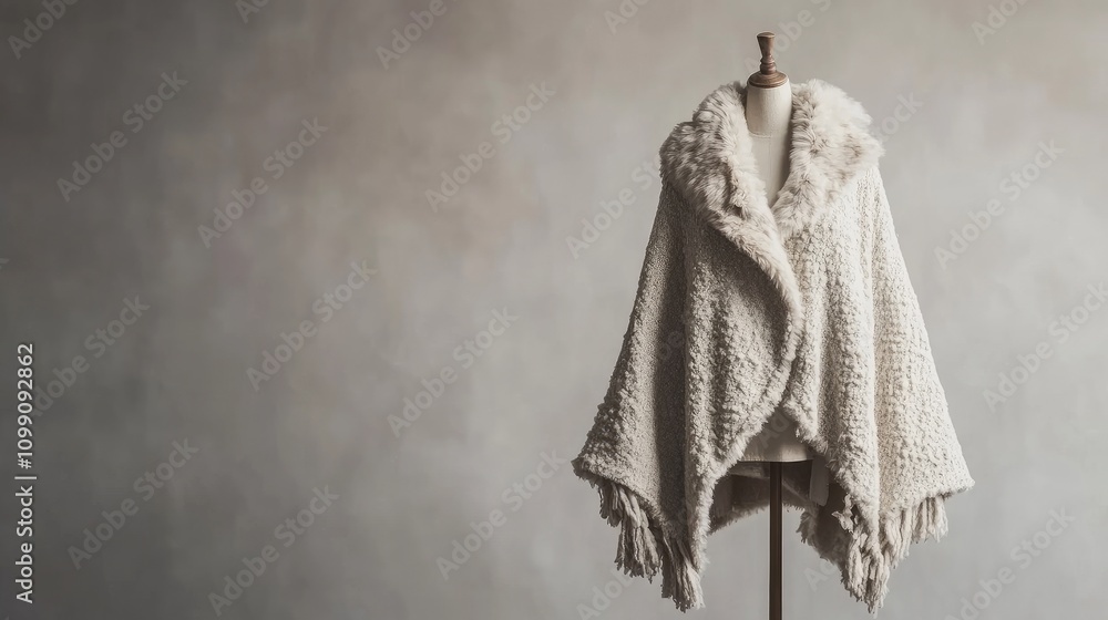 Poster elegant white knitted shawl with fur trim displayed on a dress form against a subtle textured backgr