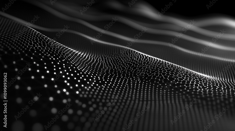 Poster abstract formation of dots and waves creating a high-contrast pattern in black and white