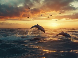 Fototapeta premium Dolphins at sunset