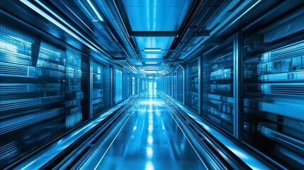 Fototapeta premium Futuristic Data Center Corridor: Exploring the Realm of Digital Technology