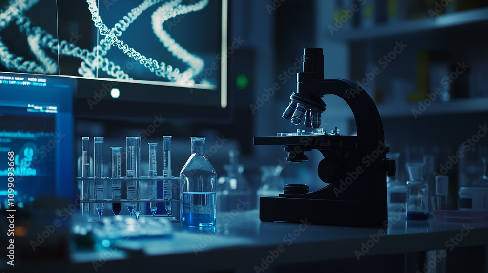 Poster research lab setting with microscope and digital displays showcasing biological samples