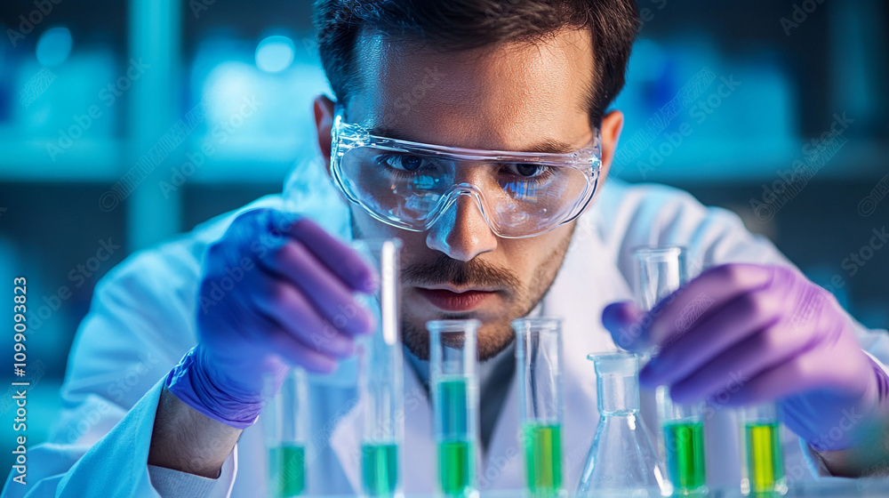 Poster scientist conducts experiment with colorful solutions in a laboratory setting