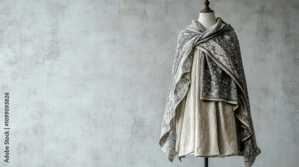 Poster elegant fabric draped over a mannequin showcasing modern fashion design with intricate patterns and 