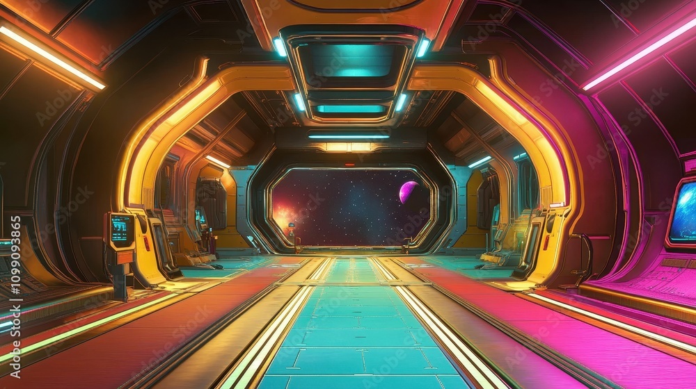 Poster a futuristic corridor with vibrant lighting and a view of space through large windows.