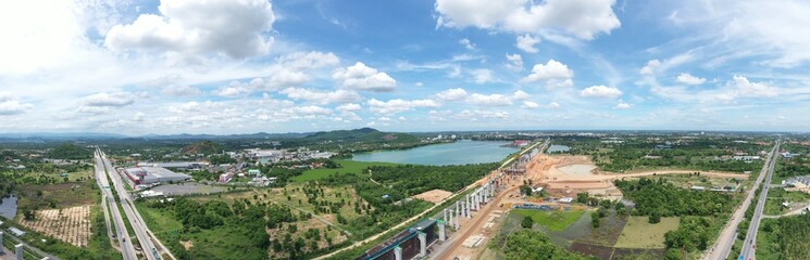 New construction site with crane and mechanical equipments on blue sky background, Infrastructure of high-speed train construction site of Chinese made FuxingHao, base from CR400AF for transportation.