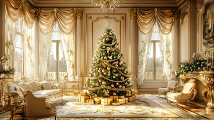 Fototapeta premium A luxurious Christmas tree with crystal ornaments, golden garlands, and a silver star on top, placed in an opulent living room with plush furniture