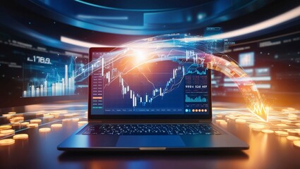 Fototapeta premium A futuristic image of a financial analyst working in cyberspace, surrounded by illuminated graphs, charts, and data streams. The scene should convey the importance of information, strategy, and virtua