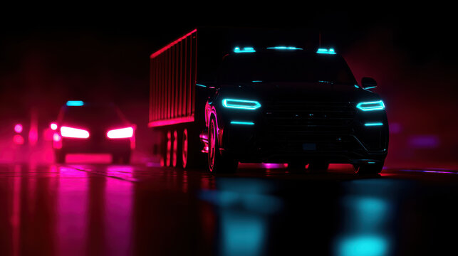 Futuristic vehicles with neon lights on dark road