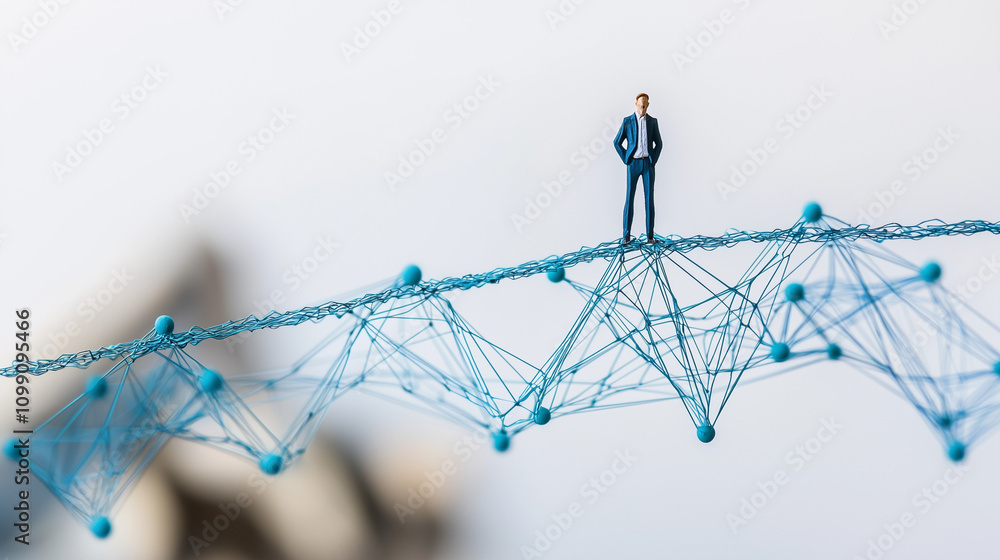 Poster navigating the network: a miniature businessman stands confidently atop a complex network of interco