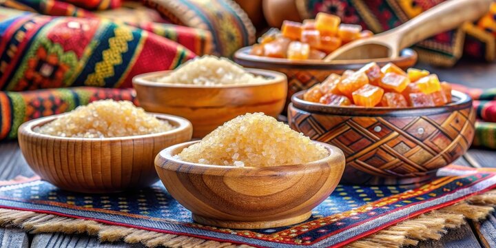 Crystallized sugar navat in wooden dishes, traditional Uzbek sugar, crystallized, sugar, navat, wooden, dishes, traditional, Uzbek