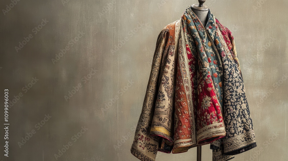 Poster elegant display of colorful fabrics on a mannequin, showcasing intricate patterns and textures, perf