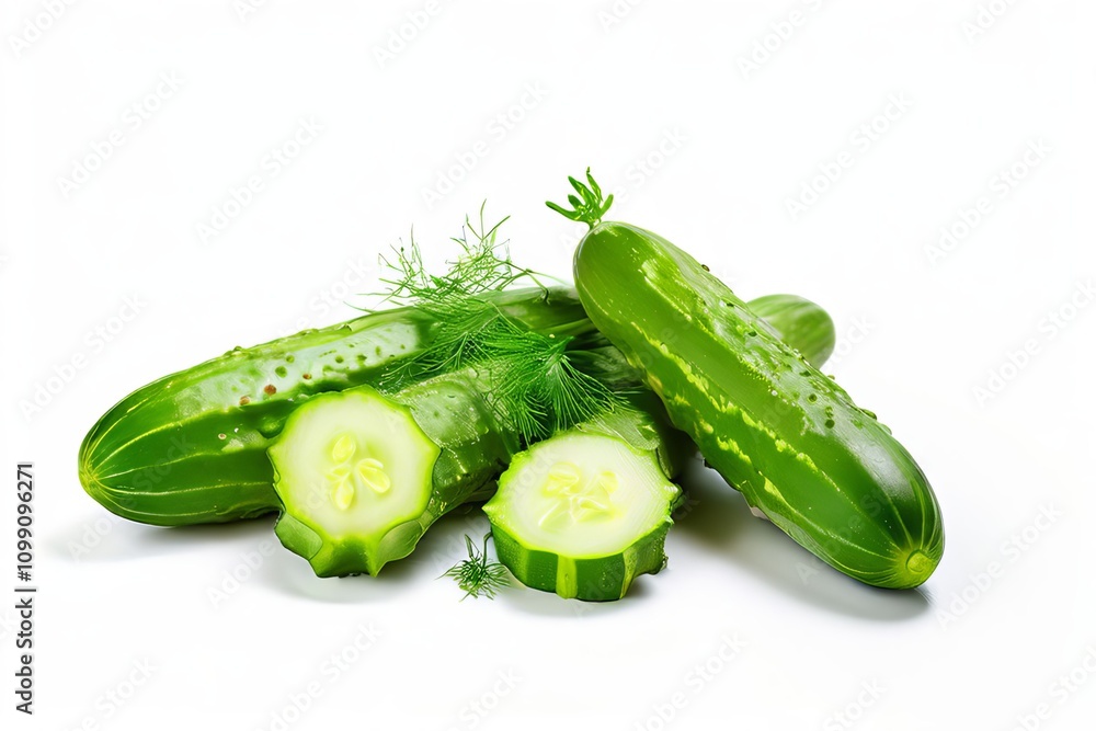 Poster cucumbers a few fresh cucumbers with a slice cut off and a sprin