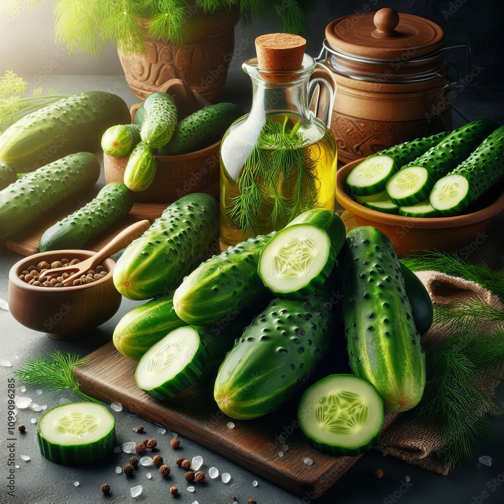Poster cucumbers a few fresh cucumbers with a slice cut off and a sprin