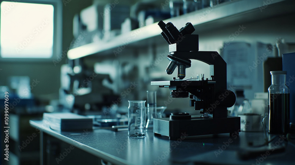 Poster laboratory setting with microscope and glassware during experimental preparations