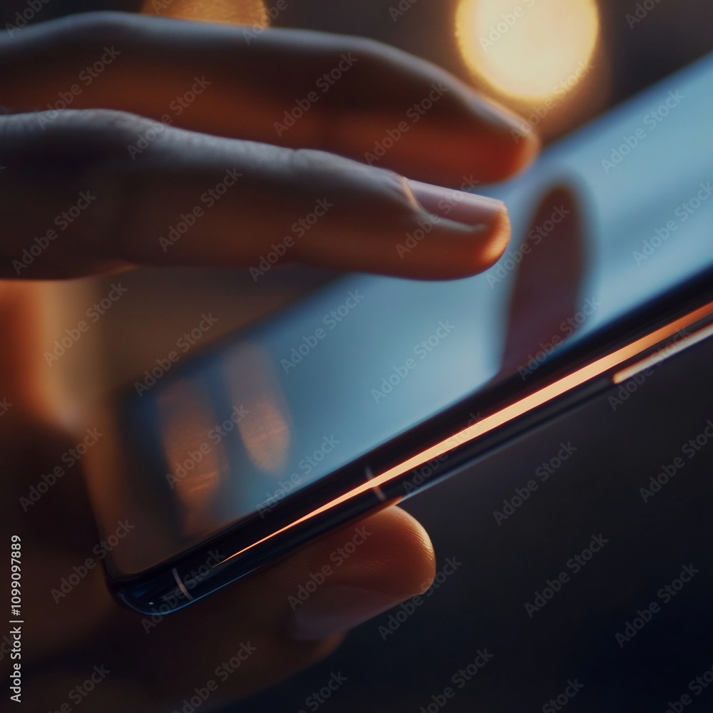 Poster close up shot of a hand firmly gripping a modern smartphone device showcasing the sleek design and u