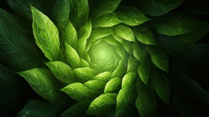 Fototapeta premium Nano biology applications style. Vibrant green leaves spiraling towards a glowing center.