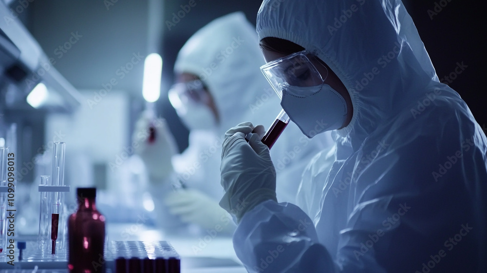 Poster scientists conduct experiments with samples in laboratory setting during evening hours