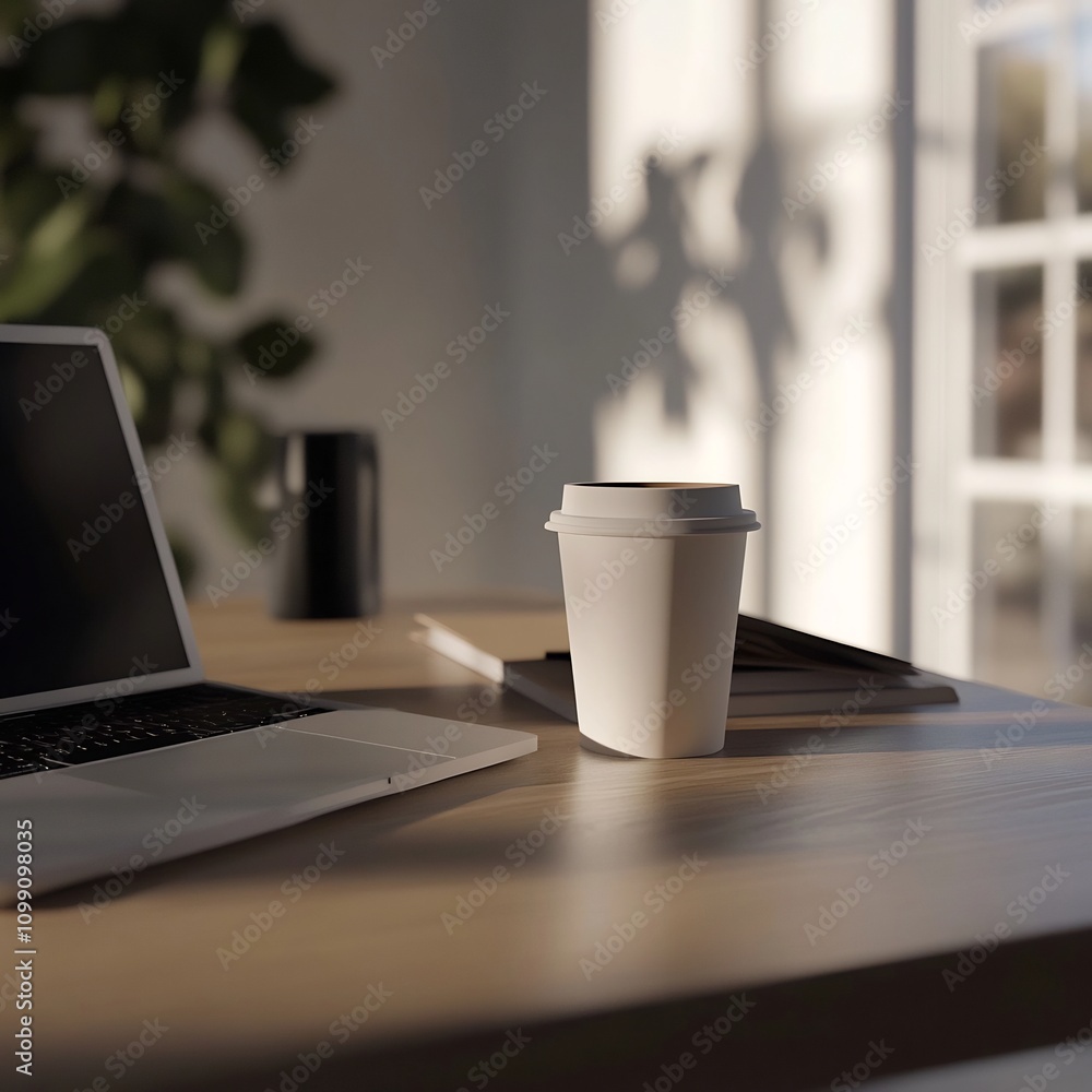 Poster detailed close up image showcasing a coffee cup and laptop placed on a minimal clean desk with natur