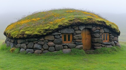 Obraz premium A traditional stone house with a grassy roof, set in a misty landscape.