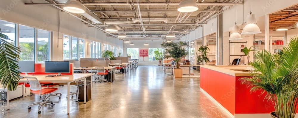 Aufkleber modern office space featuring open layouts and greenery for a collaborative environment.