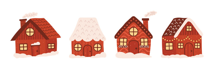 Winter woodland forest set of houses, huts with snow and smoke from chimney. Vector illustration for cards, scrapbooking, animation.
