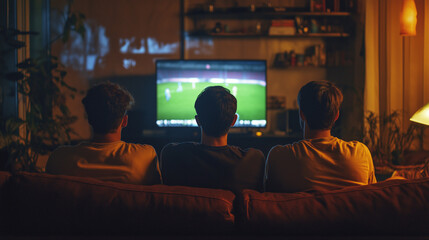 Group of friends watching a football match on TV together and cheering for their team. back view