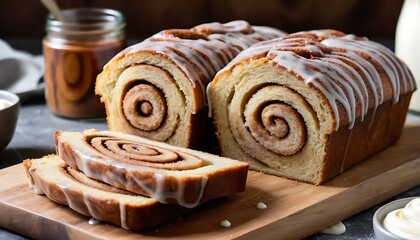 Cinnamon Swirl Loaf with Spiraled Filling and Icing on Wooden Board
