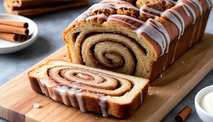 Fototapeta premium Cinnamon Swirl Loaf with Spiraled Filling and Icing on Wooden Board