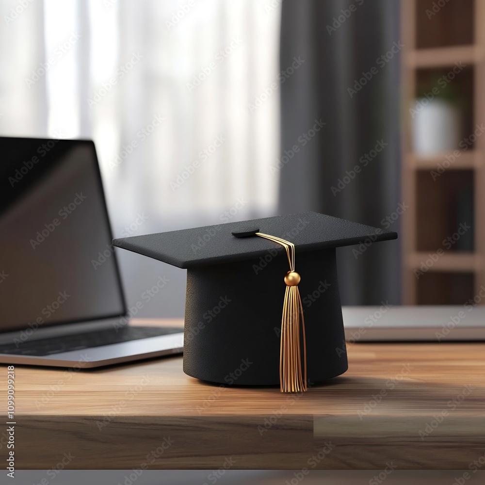 Aufkleber minimalist and sophisticated workspace featuring a graduation cap placed on a wooden desk with a sle