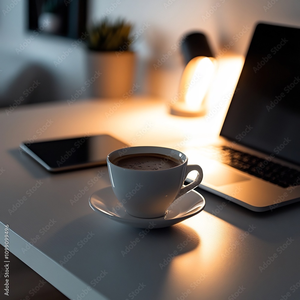 Poster sleek and sophisticated minimalist modern workspace with laptop computer and coffee cup positioned o