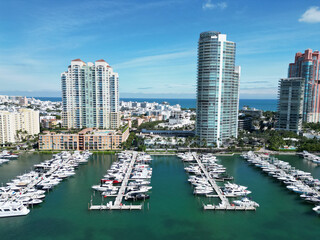 Marina in Miami, Florida. Biscayne bay. Downtown Miami marina with luxury yacht. Summer vacation....