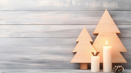 Serene wooden Christmas trees and candles, perfect for festive decoration and ambiance.