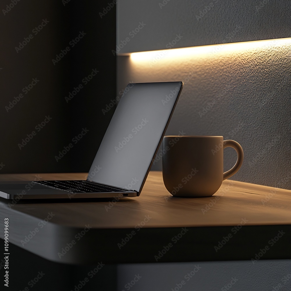 Poster tranquil and inviting minimalist workspace with a laptop and a steaming cup of coffee showcasing a m