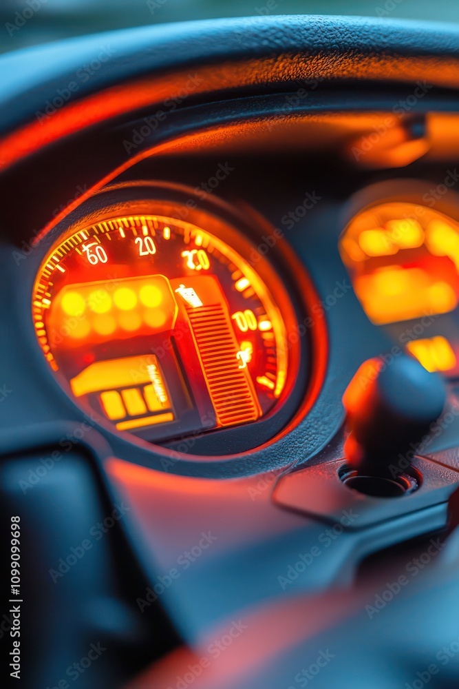Aufkleber detailed view of a car's dashboard focusing on the active check engine light.