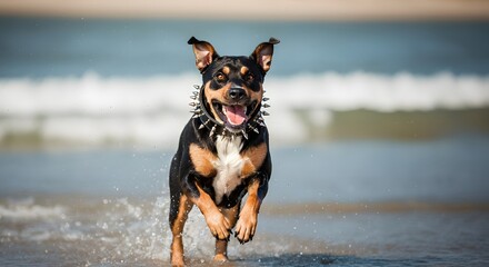 Excited dog running on the beach on a sunny day